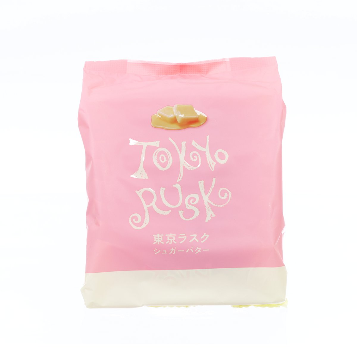 Pink rusk snack bag with butter icon and logo