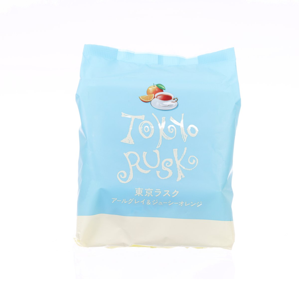 Blue packaged rusk bag with Earl Grey and orange flavor label and logo