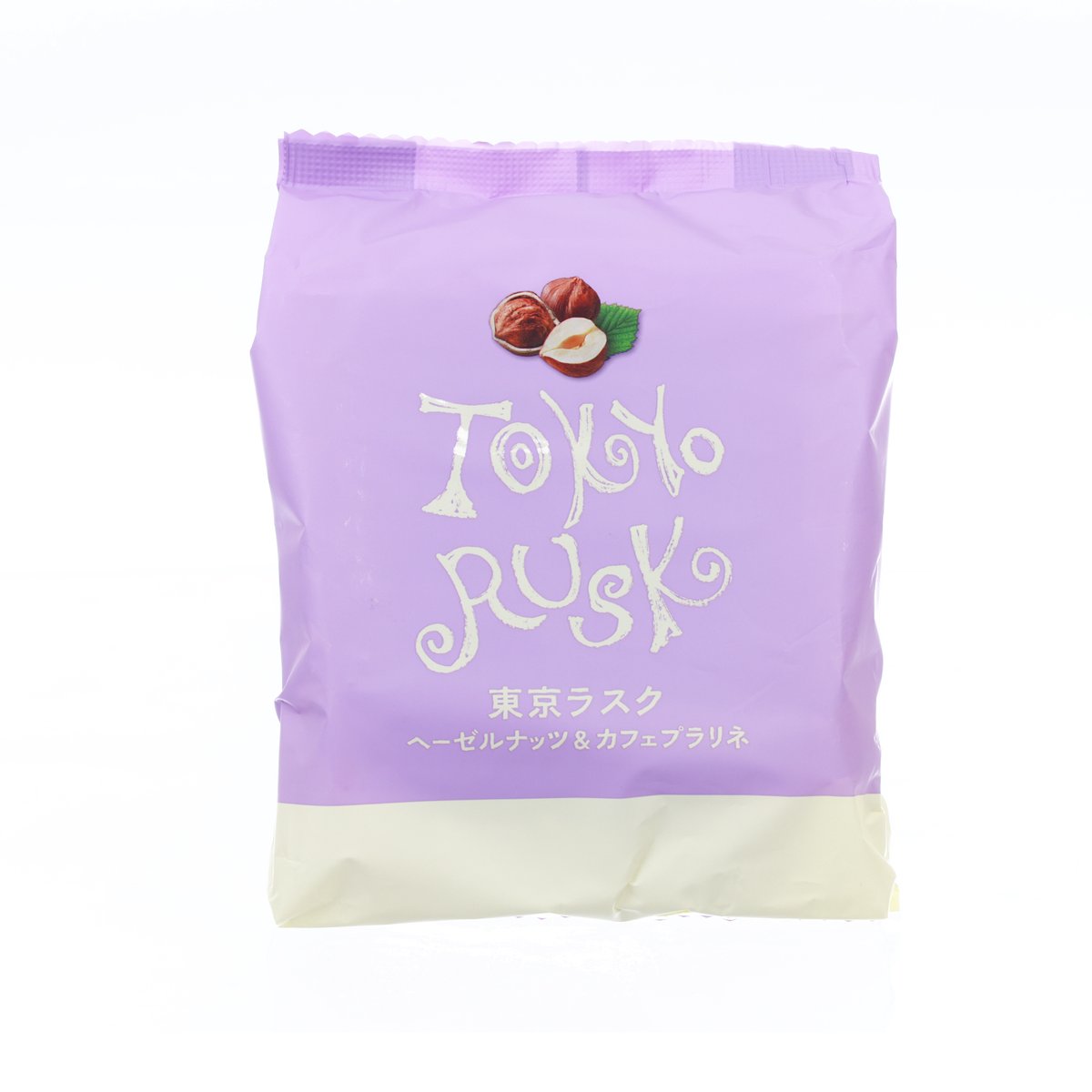 Purple TOKYO RUSK rusk bag with hazelnut and coffee praline artwork