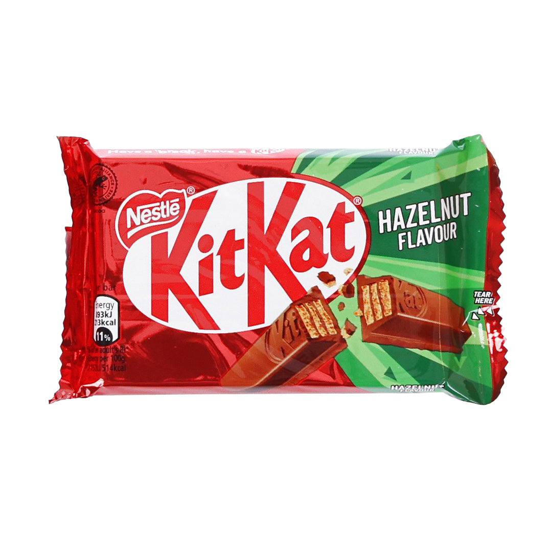 Hazelnut-flavoured chocolate bar wrapper with KITKAT and hazelnut text, 41.5 g