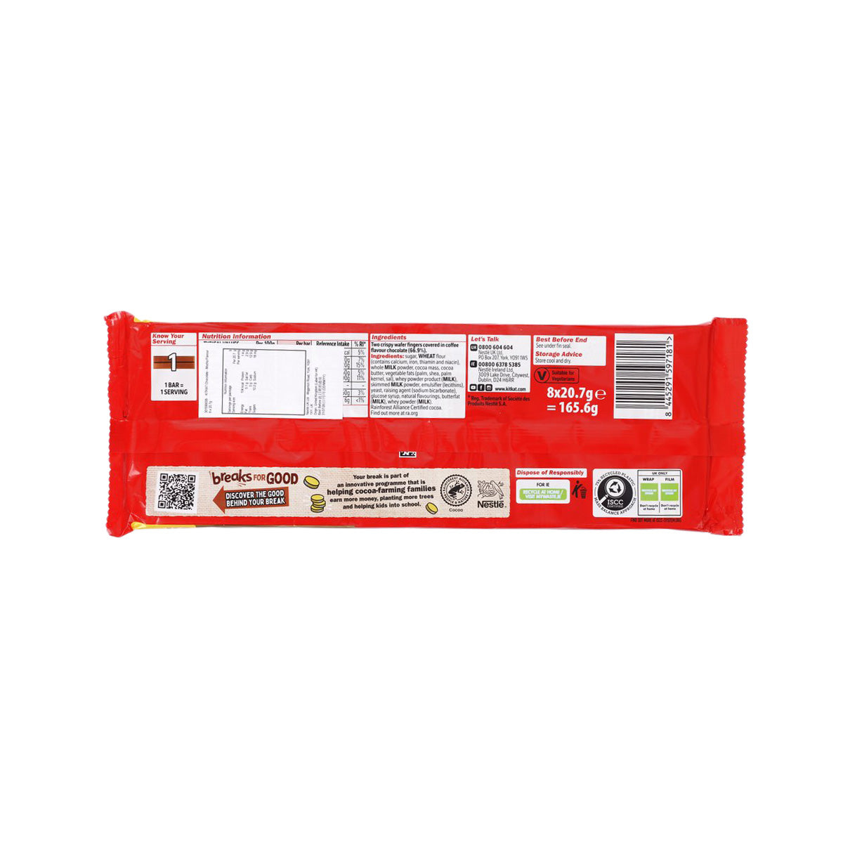 KitKat mocha chocolate bar multipack, back label on red wrapper, 8 x 20.7g