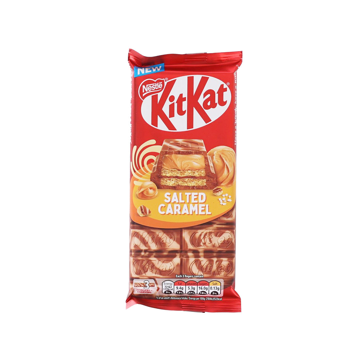 KitKat salted caramel chocolate bar (99g) in red wrapper
