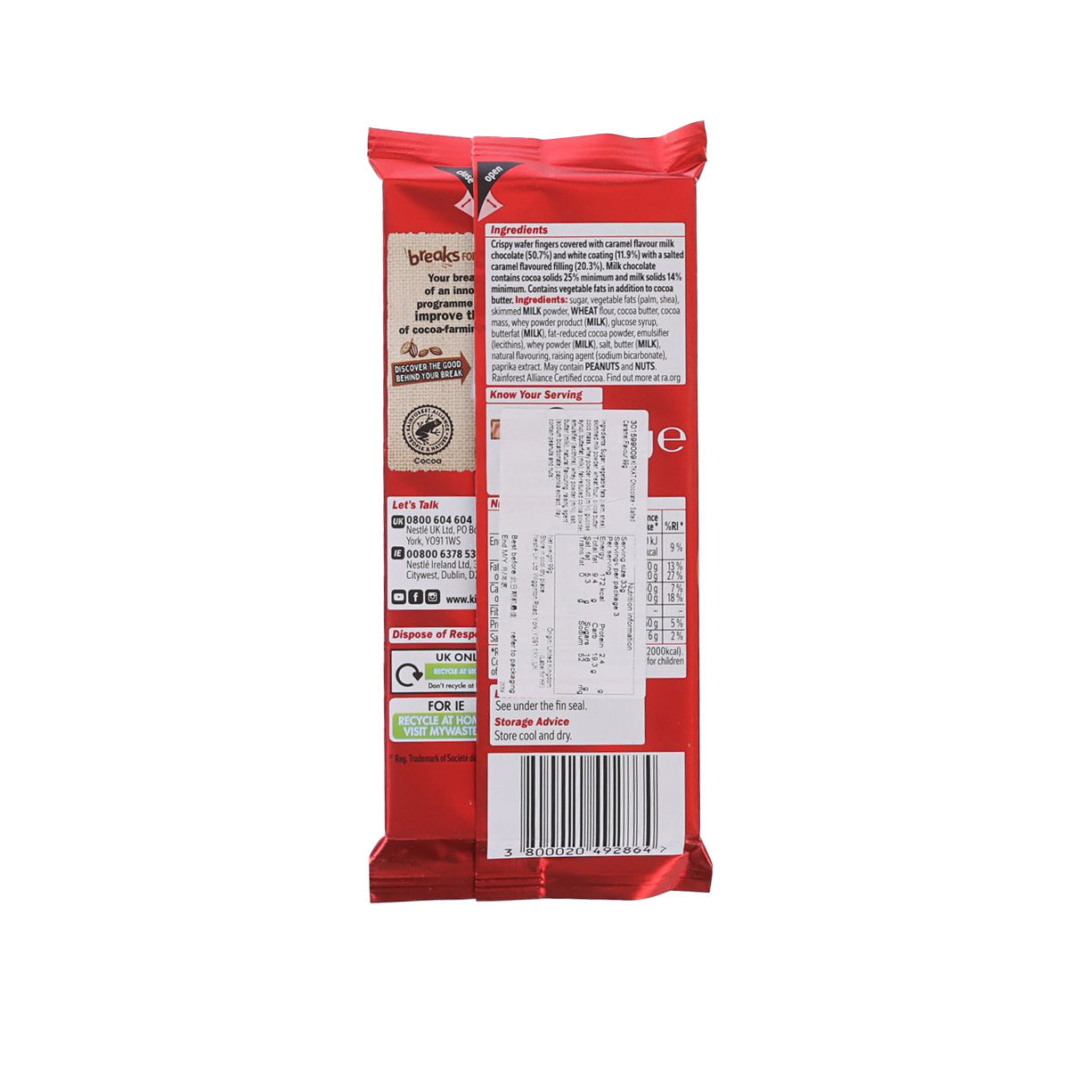 KitKat salted caramel chocolate bar back of red wrapper with nutrition and barcode