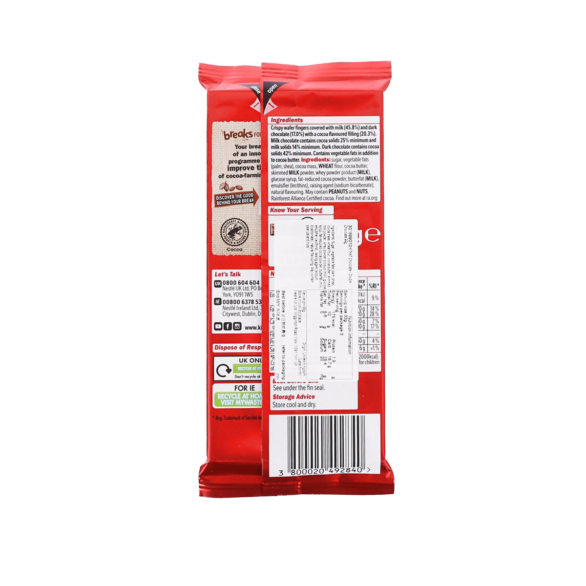 KITKAT Double Chocolate 99g wrapper back with nutrition and ingredients panel