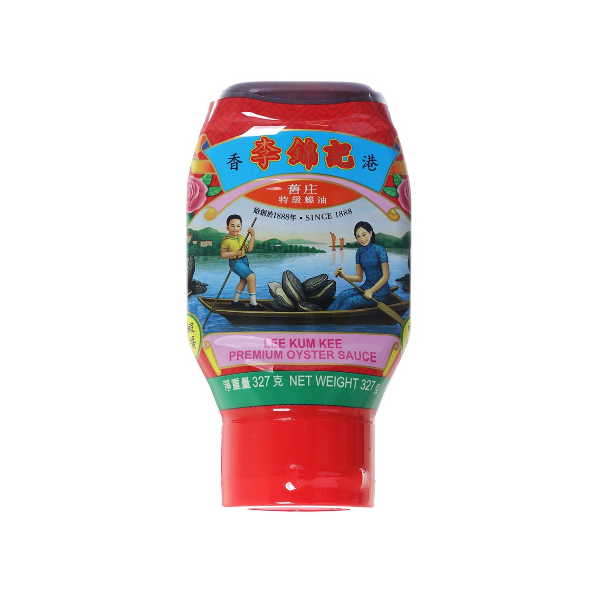 Oyster sauce bottle with red label and dark cap, front view