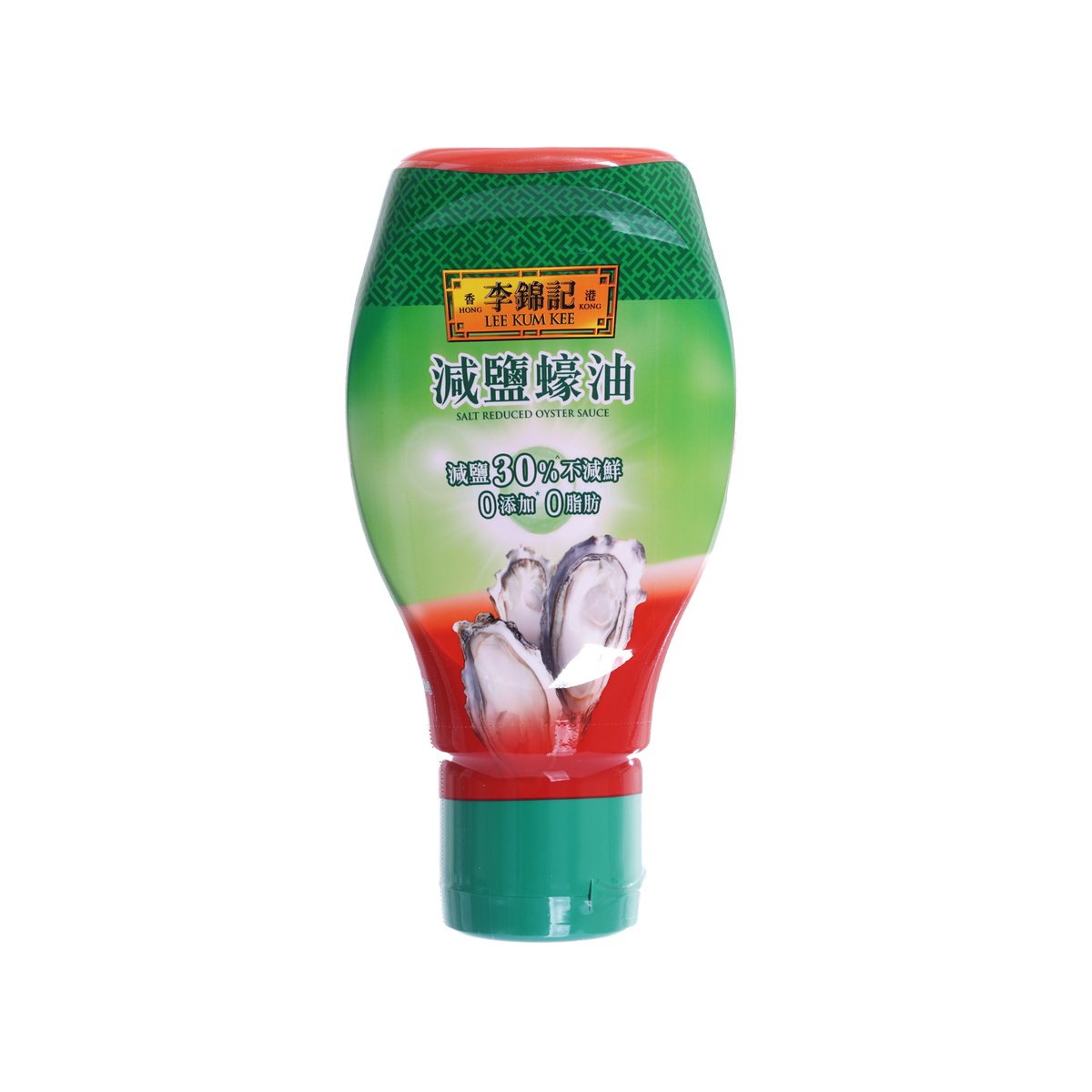 Salt-reduced oyster sauce bottle with green-and-red label, LEE KUM KEE