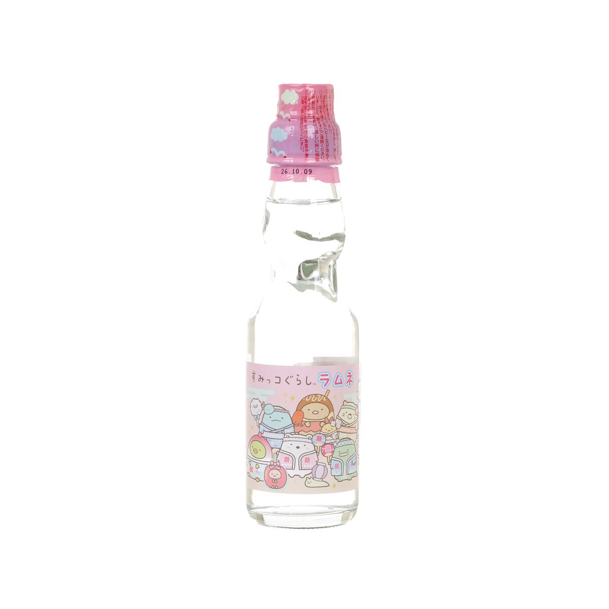 SAITO Ramune bottle, clear glass with pink cap and character graphics on label