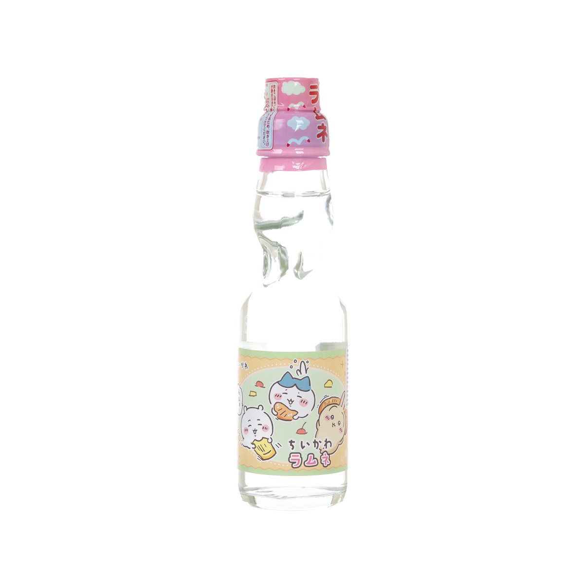 SAITO Chiikawa ramune bottle, 200 mL, pink cap, front cartoon label