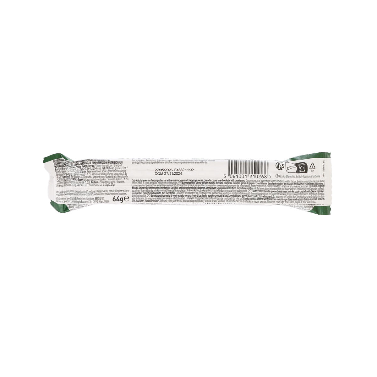 Dark Choc Matcha protein bar back wrapper with barcode and nutrition text
