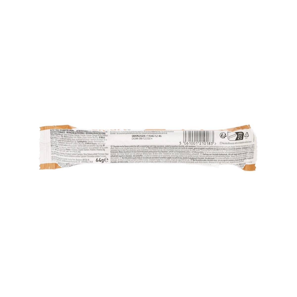 Protein bar package back, nutrition facts and barcode, 64g weight