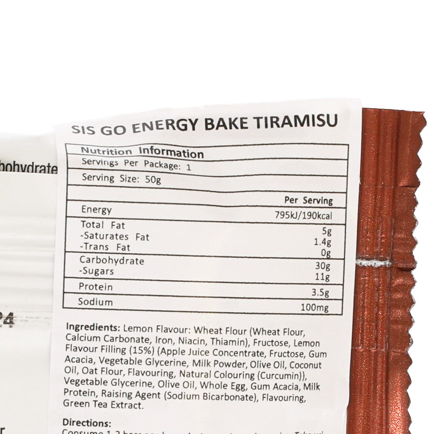 GO Energy Bake tiramisu nutrition facts panel on 50 g wrapper