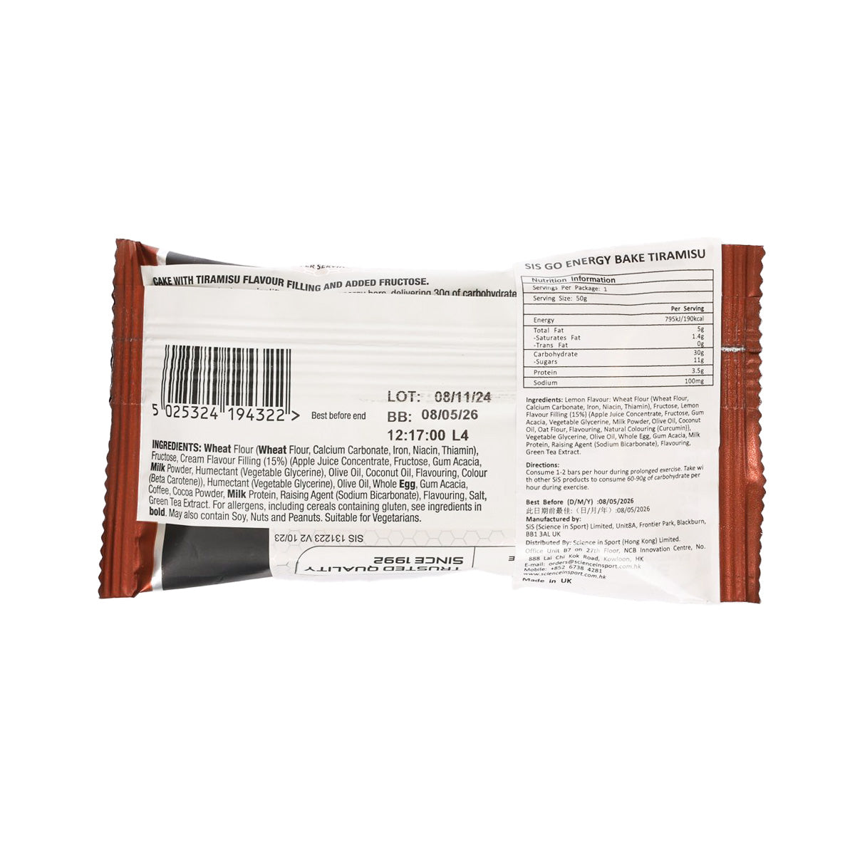 GO Energy Bake tiramisu snack bar back wrapper with barcode and ingredients