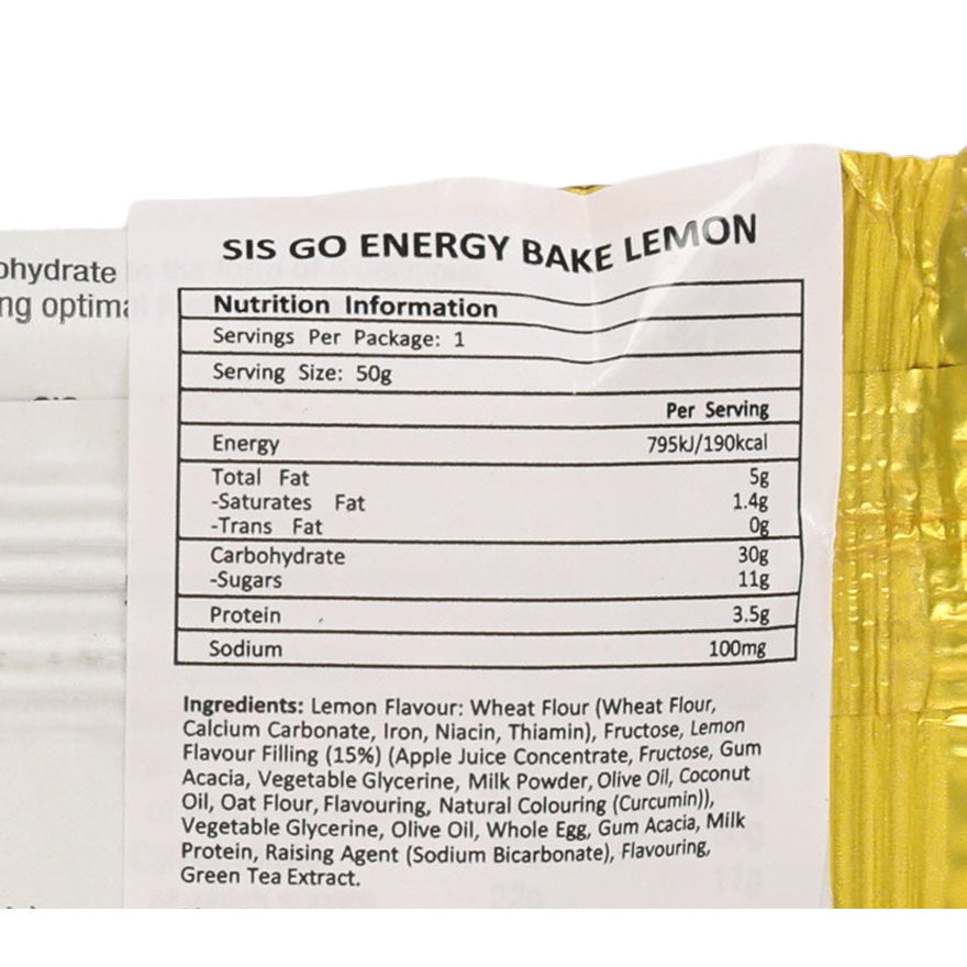 Nutrition information close-up on lemon 50g energy bake packet