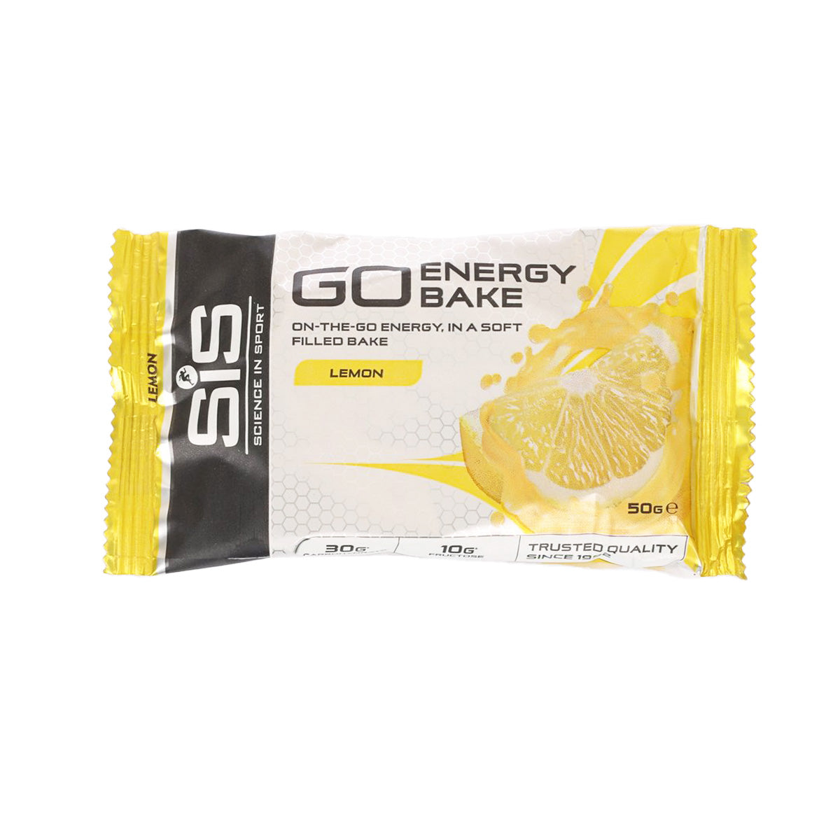 Lemon energy bake bar snack packet, 50g, yellow wrapper with black label front