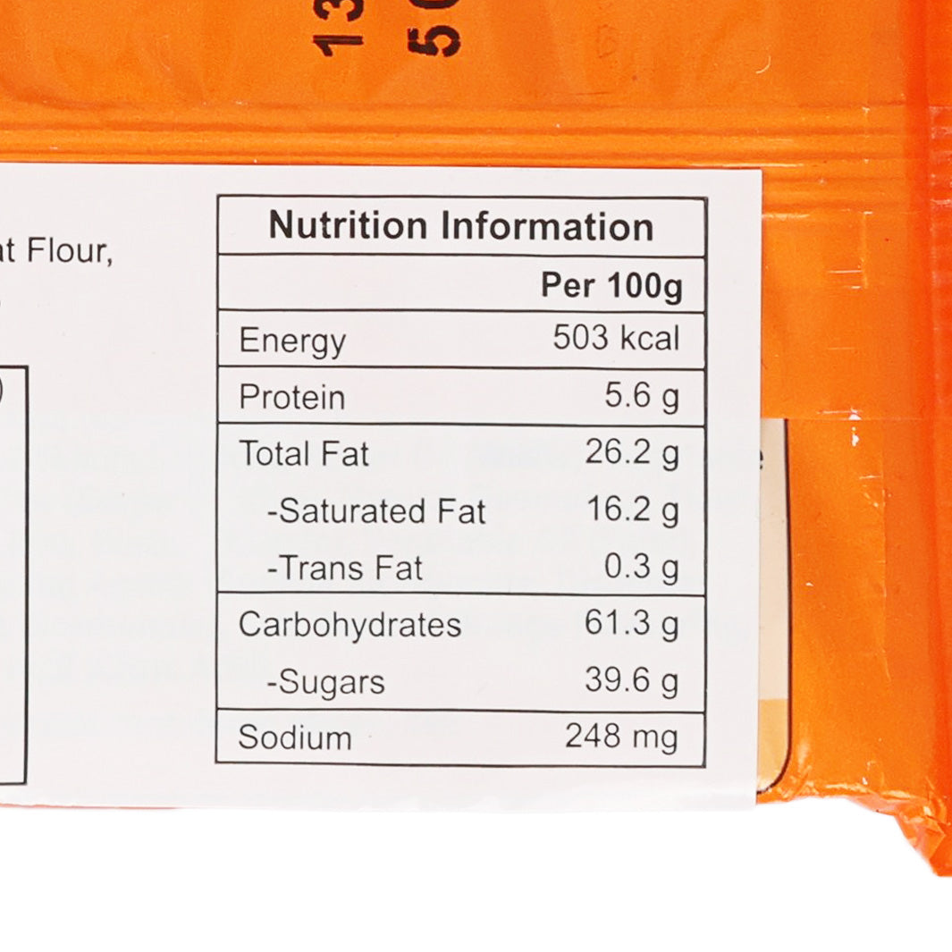 Nutrition information panel on orange packaged biscuit bar