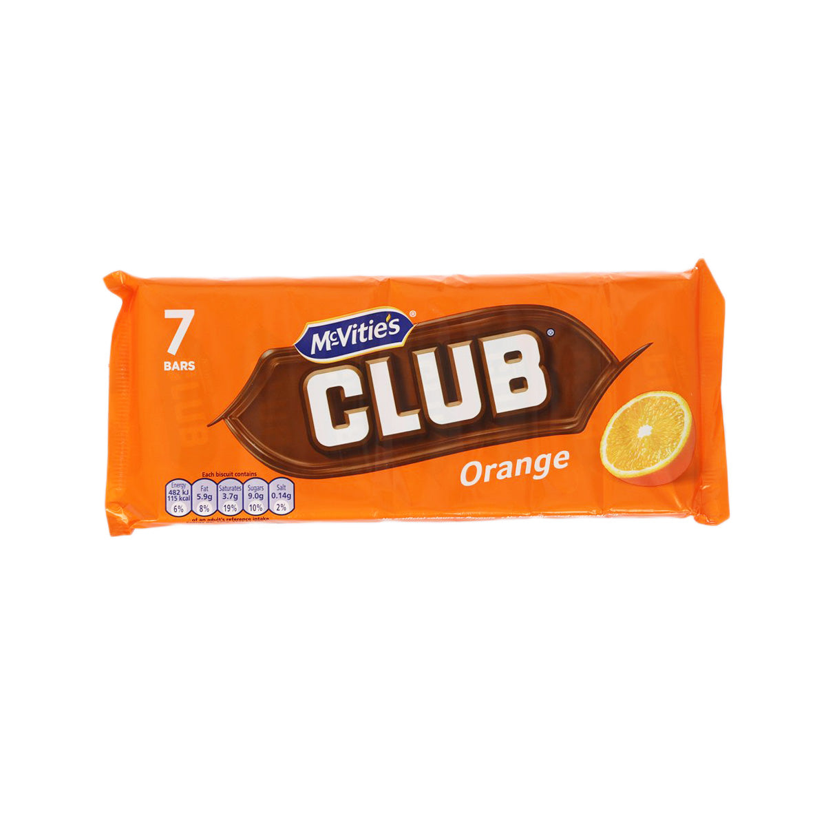 Orange packaged chocolate biscuit bar with orange cream, 7 pieces