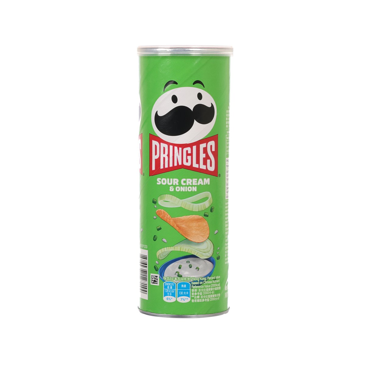 PRINGLES sour cream & onion potato crisp can, green with panda graphic