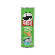 PRINGLES sour cream & onion potato crisp can, green with panda graphic