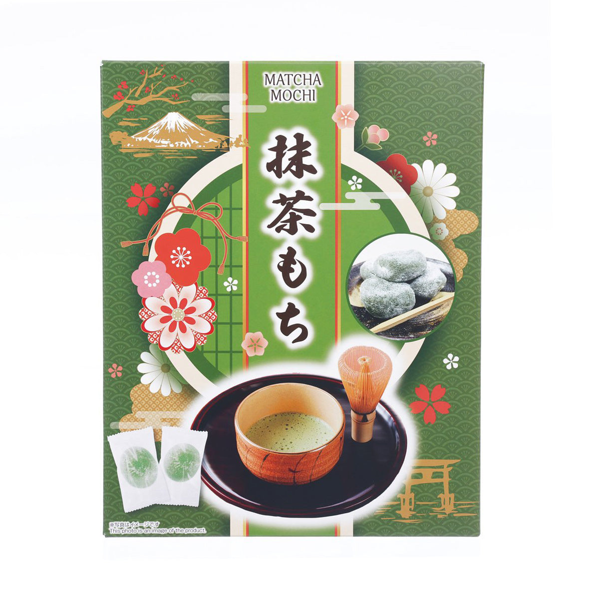 Green matcha mochi snack box with floral artwork and a bowl illustration