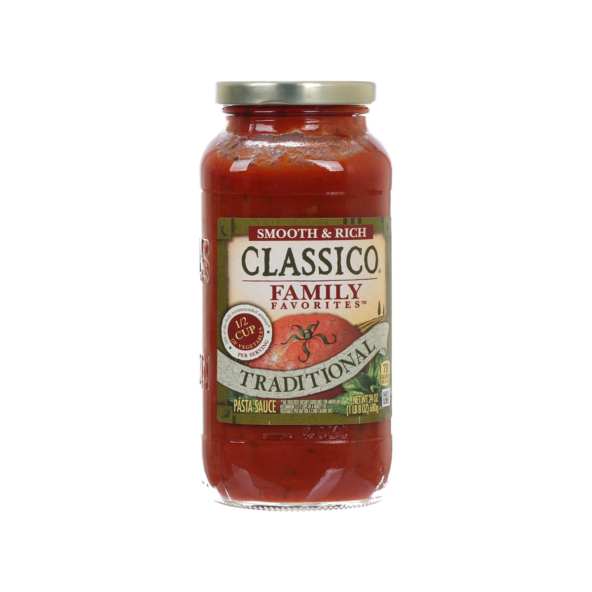 Traditional pasta sauce jar with red tomato-style sauce and gold-and-white label