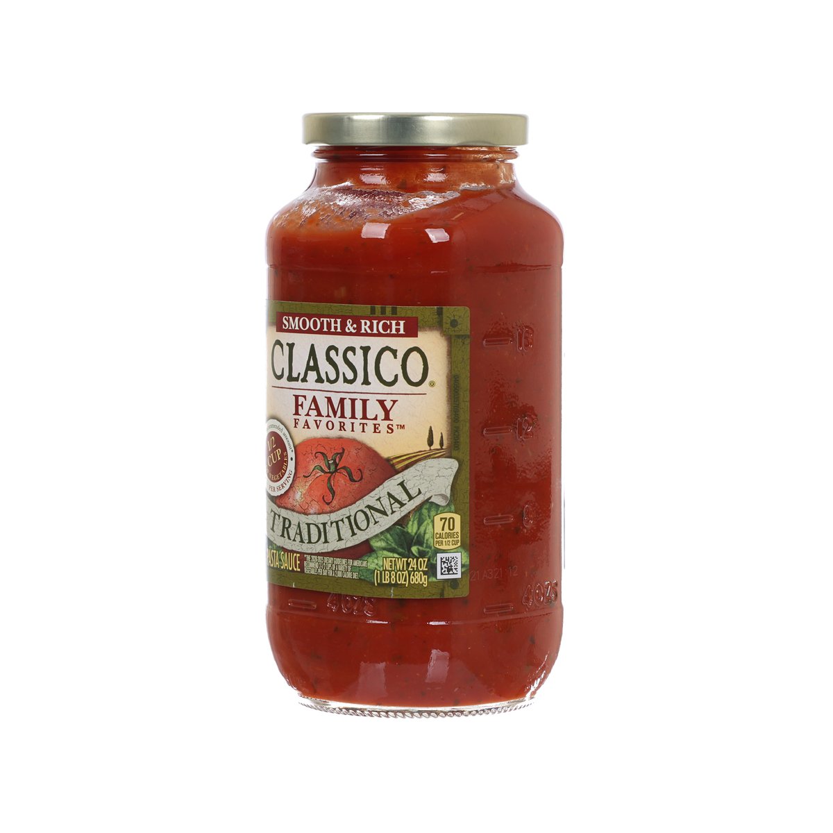Traditional pasta sauce jar side view with red sauce and Family Favorites label