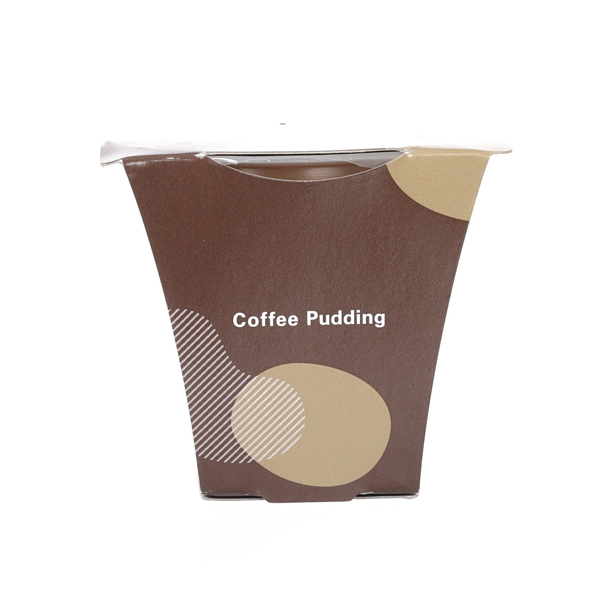 Coffee pudding cup-style package in brown with beige circle and Coffee Pudding text