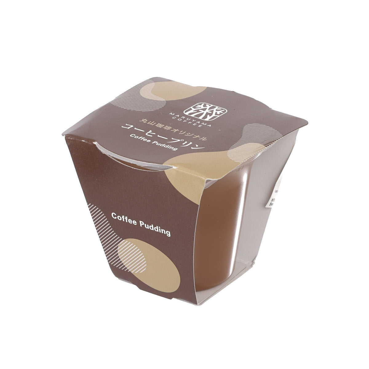 Coffee pudding box with brown-and-beige geometric pattern and logo on top