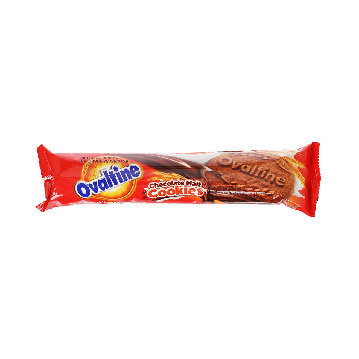 Ovaltine chocolate malt cookies pack, front view of red snack wrapper