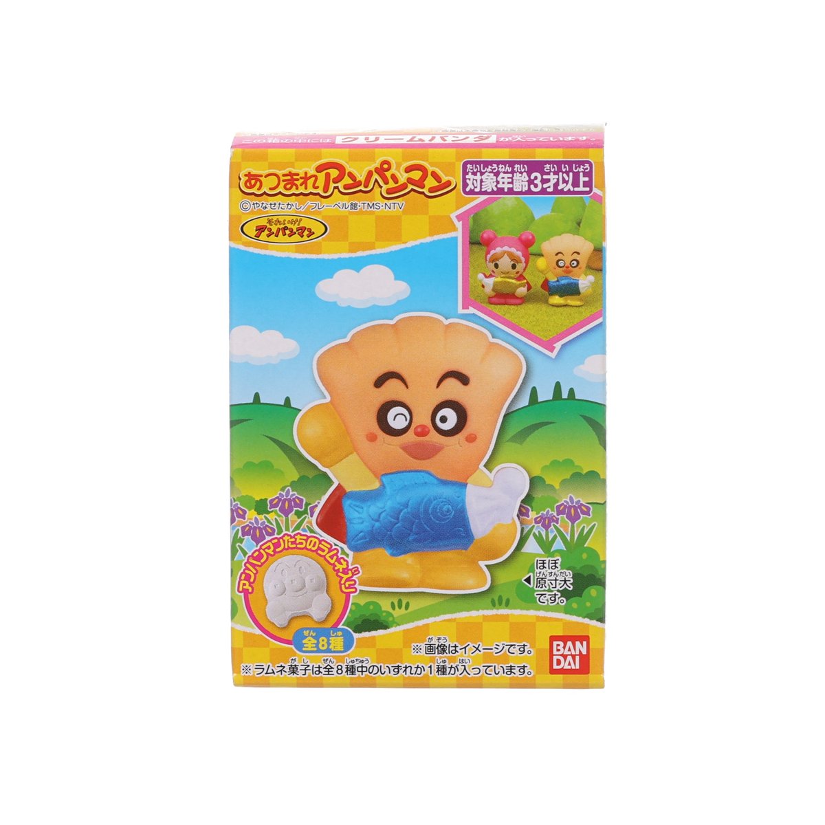 Boxed Anpanman plastic figure candy with character artwork and badge graphics