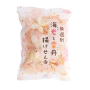ISUZU shrimp and sea urchin flavored crackers bag, pink speckled packaging front