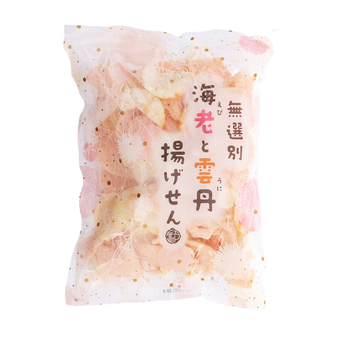 ISUZU shrimp and sea urchin flavored crackers bag, pink speckled packaging front