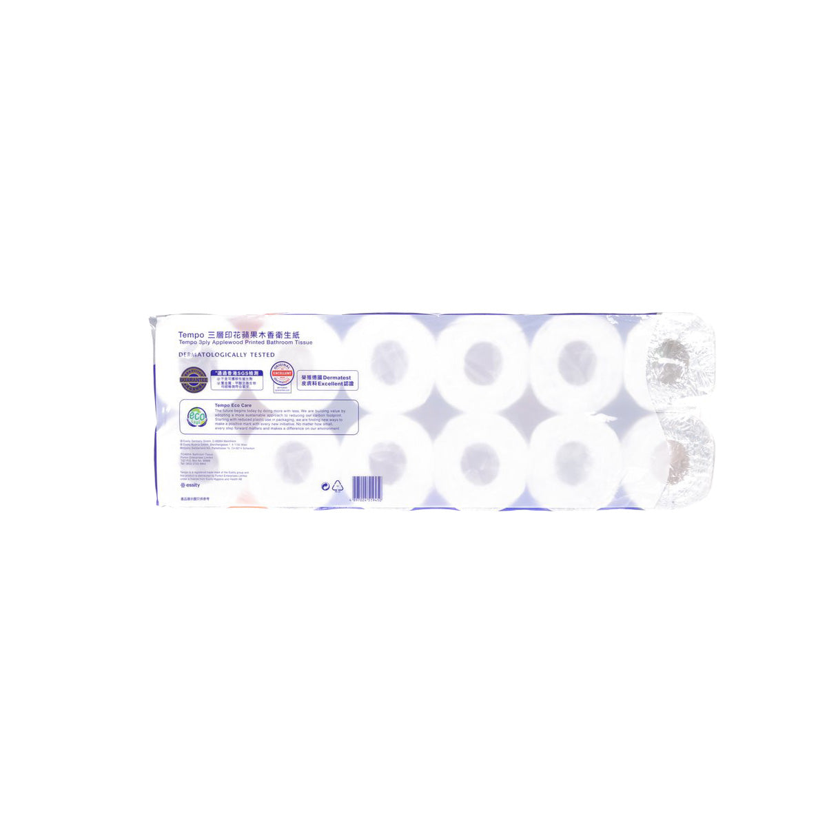 Back of TEMPO applewood 3-ply bathroom tissue pack with 12 white rolls