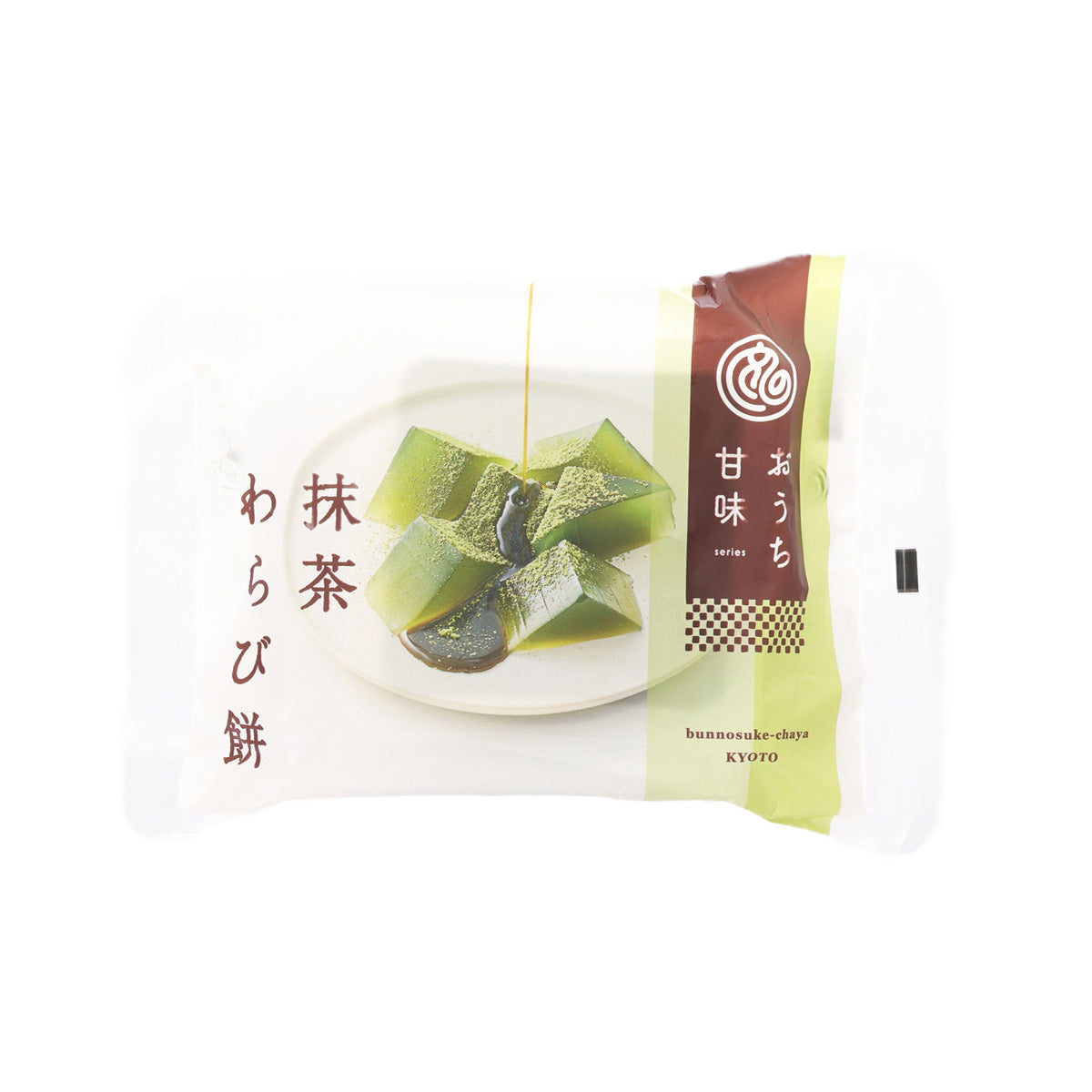Matcha warabimochi (205g) package with green mochi on a plate