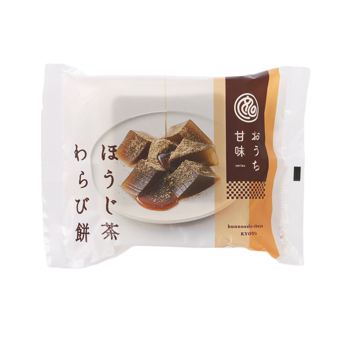 Hojicha warabimochi mochi in sealed pouch with brown chewy pieces