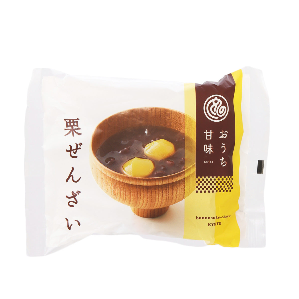Red bean soup pouch showing dark broth and yellow chestnut pieces
