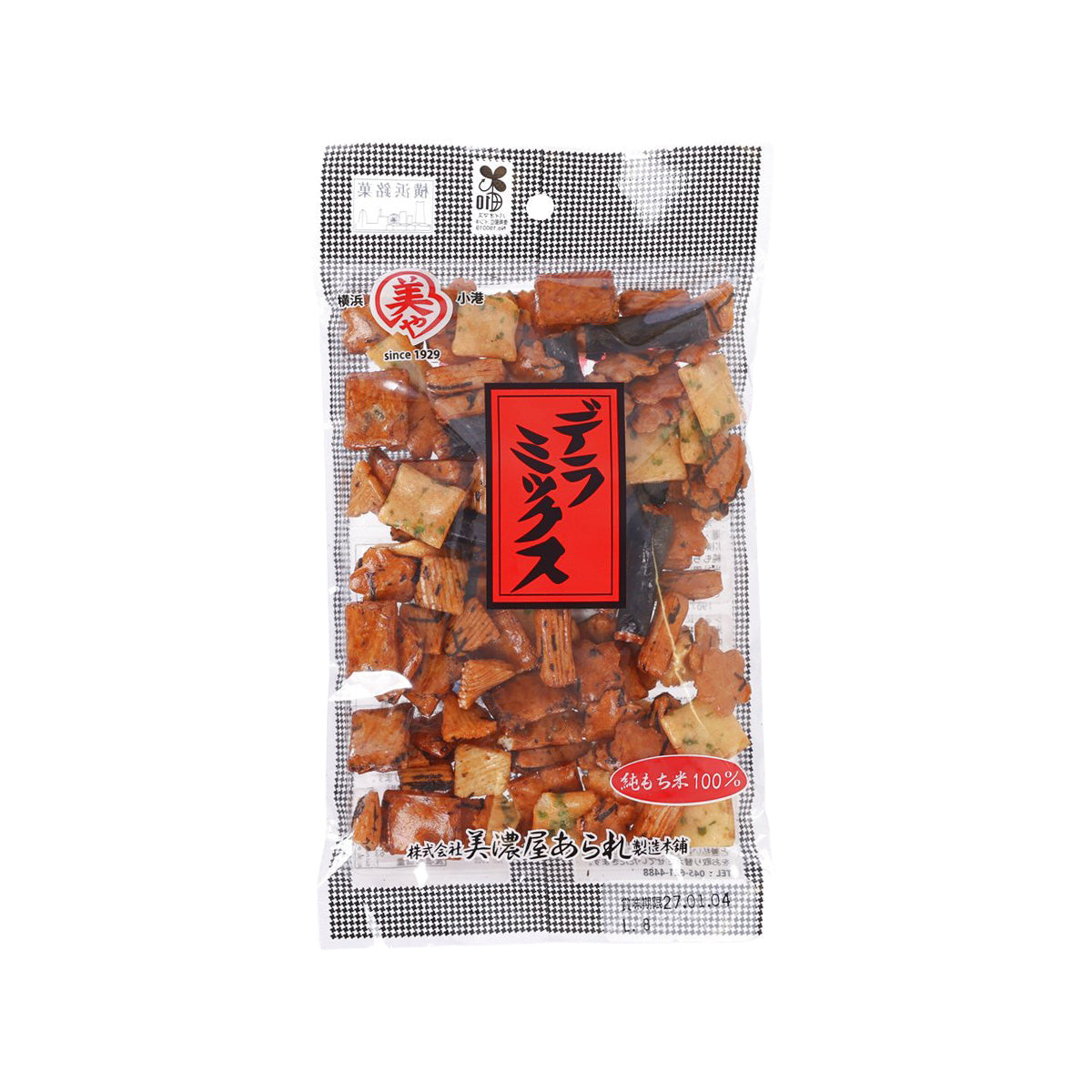 MINOYA-ARARE mixed rice crackers bag with window showing brown snack pieces