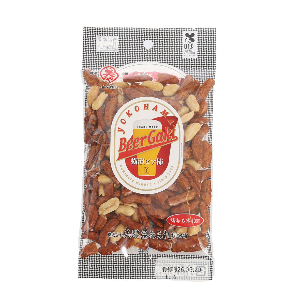 MINOYA-ARARE BeerGak peanut and rice cracker bag, clear view of mixed crackers