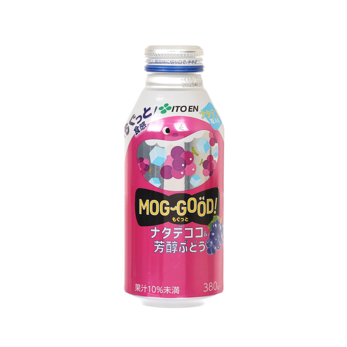 Nata de coco & grape drink bottle, pink liquid, blue cap, front label