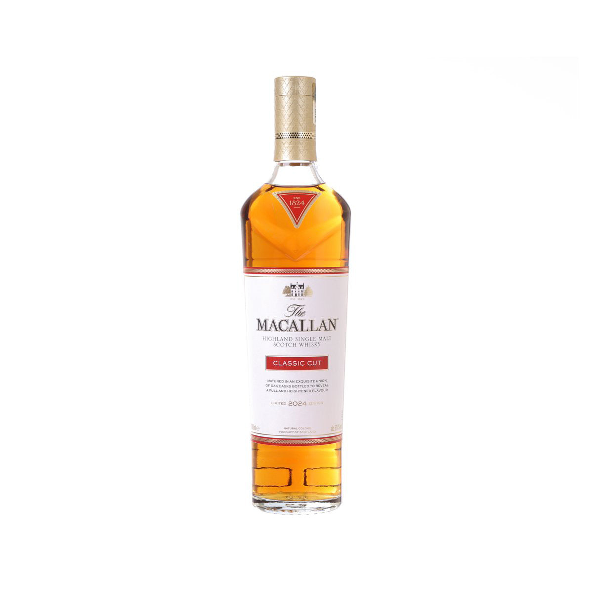 Single malt whisky bottle with gold cork, amber liquid, Classic Cut label
