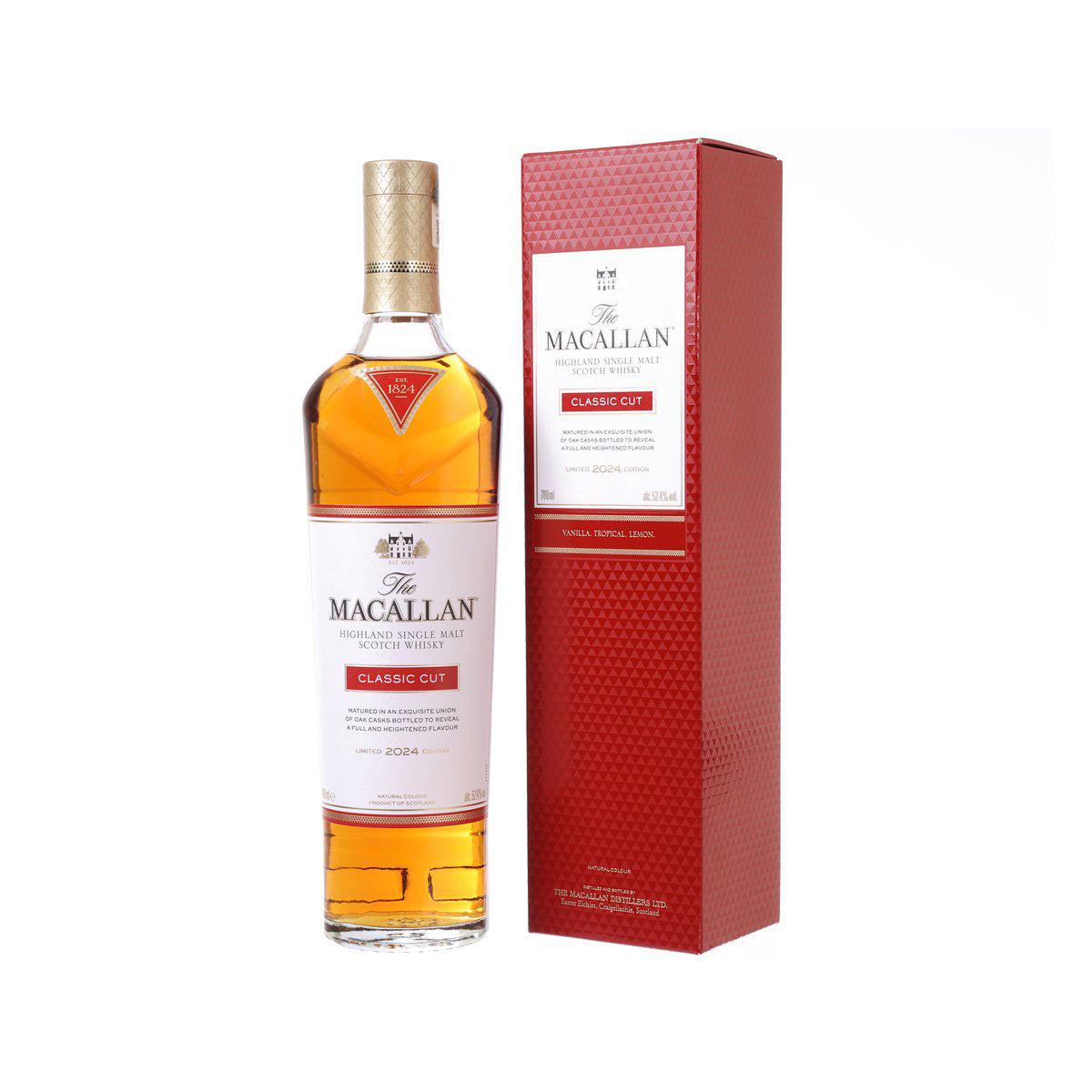 Single malt whisky bottle beside red Classic Cut presentation box