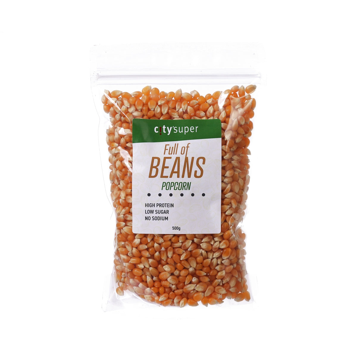 CITYSUPER popcorn kernels in resealable bag, 500g, front product label