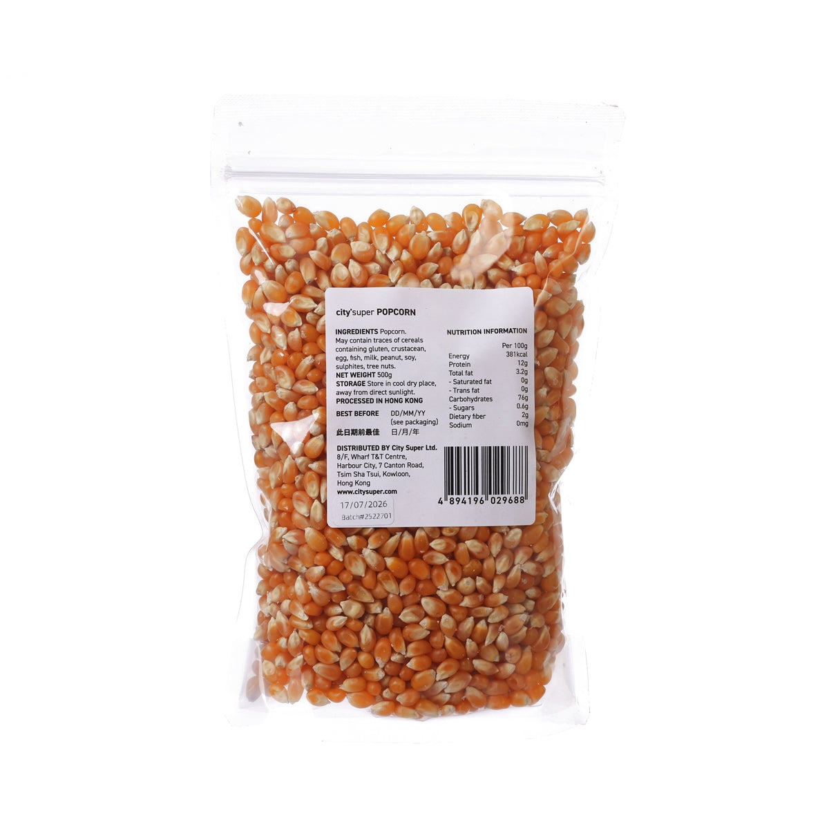 CITYSUPER popcorn kernels in resealable bag, 500g, back nutrition panel