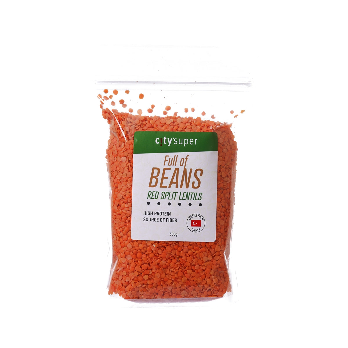 CITYSUPER red split lentils in a clear plastic bag with front label