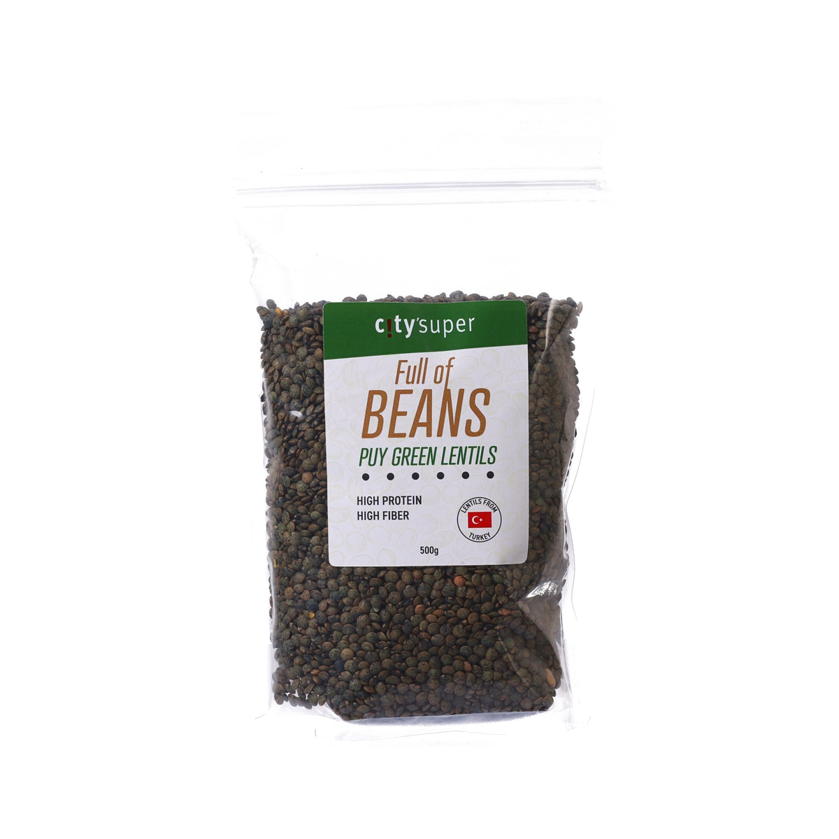 CITYSUPER puy green lentils pouch, 500g, resealable clear bag with front label