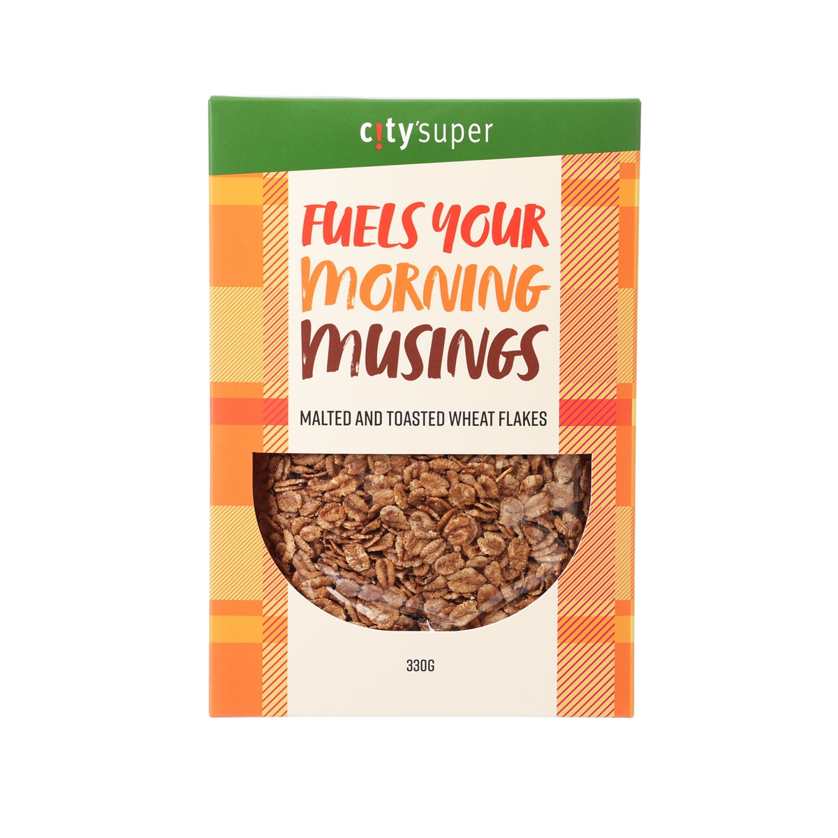 Malted and toasted wheat flakes cereal box, 330 g, with front window of flakes
