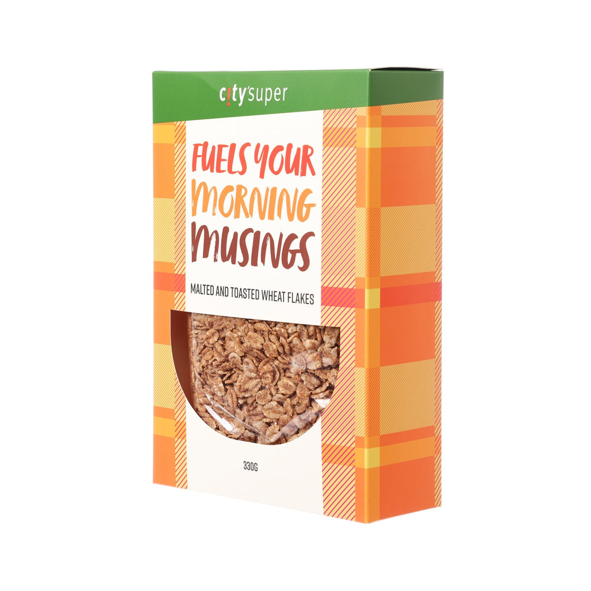 Malted and toasted wheat flakes cereal box with side panel and front window