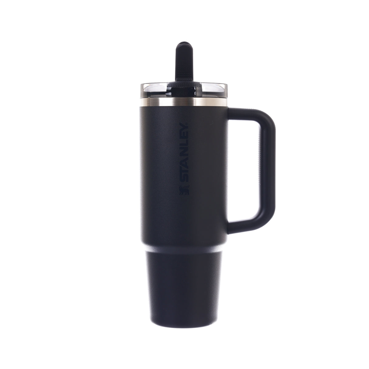 Black insulated tumbler with flip straw lid and side handle
