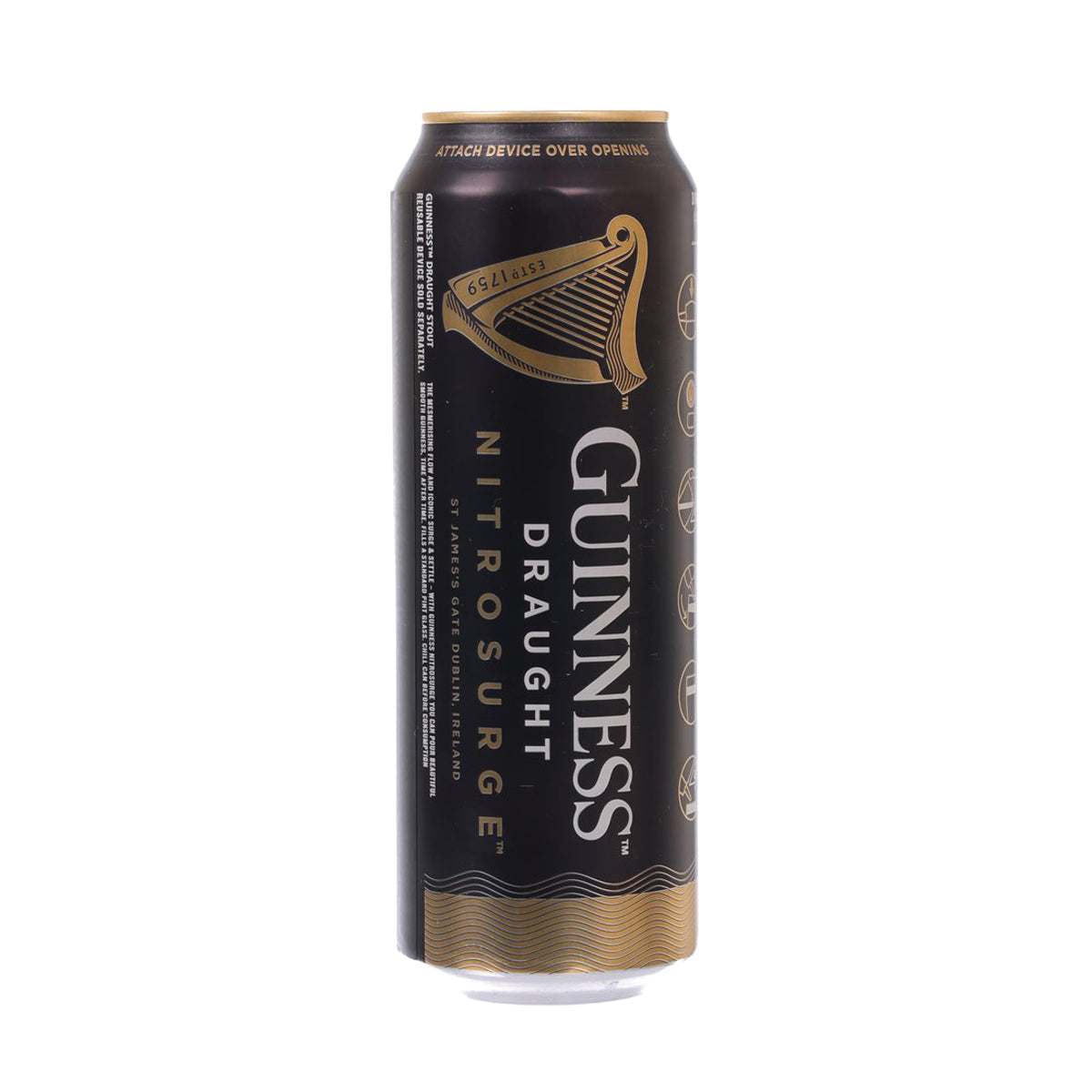 GUINNESS NitroSurge draught stout beer can, dark can with gold harp logo