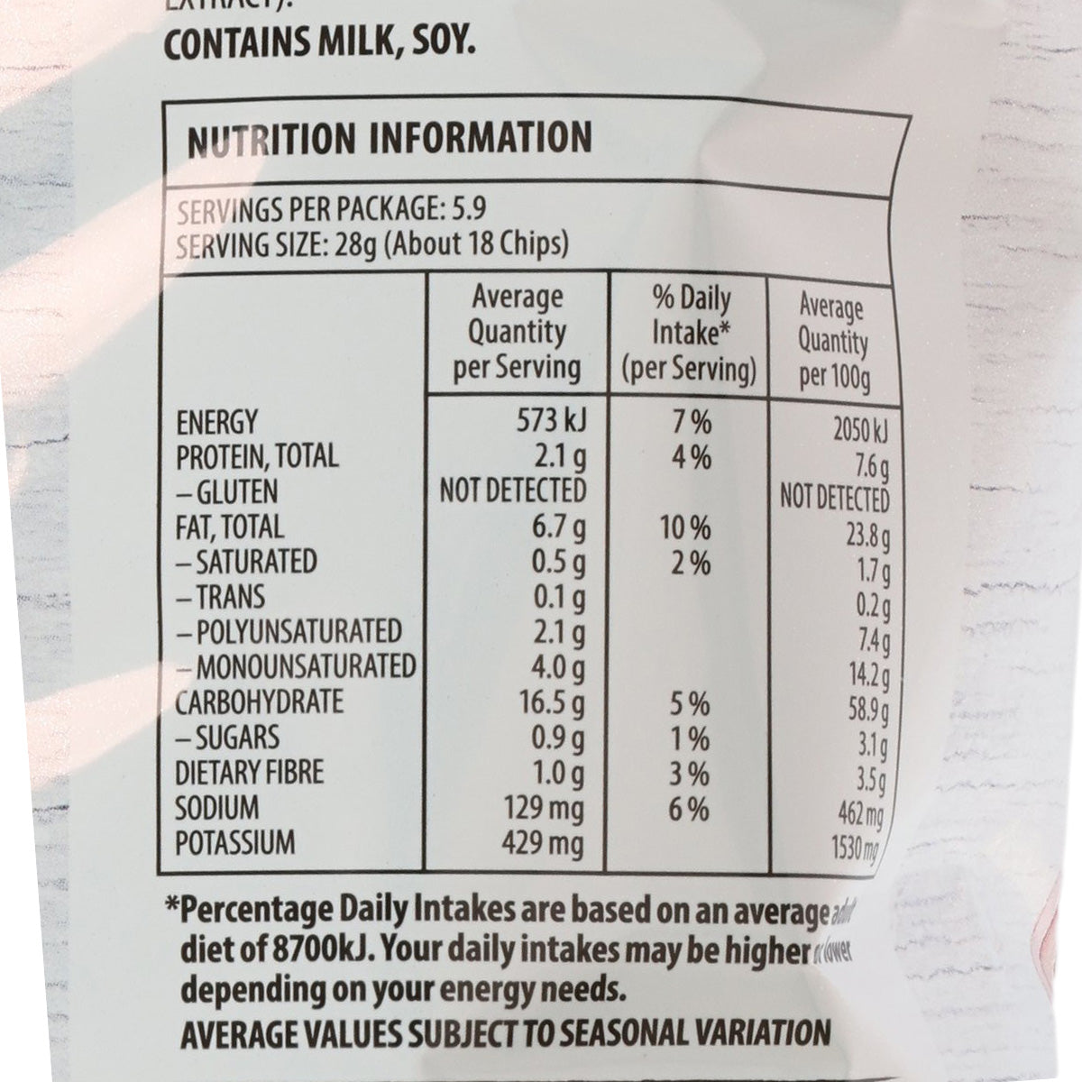 Nutrition information panel for potato chips, serving size and calories table