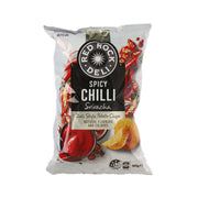 Spicy chilli sriracha potato chips bag, 165 g, front with logo and chip graphic